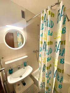 baño con lavabo y cortina de ducha en Appartement Universität Mainz en Mainz