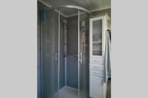 a shower with a glass door in a bathroom at Ro i Steigen in Steigen
