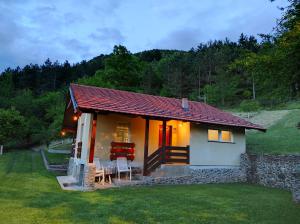 a small house with a table and chairs in a yard at Vikend kuca Maksimovic in Mataruška Banja