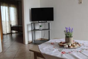 uma sala de estar com uma televisão e uma mesa com um prato em Vakis Apartments 1 em Romanón