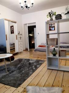 salon z łóżkiem i stołem w obiekcie Apartmany Ivana w mieście Děčín