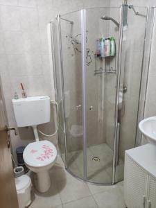 uma casa de banho com um chuveiro, um WC e um lavatório. em Eden's Sweet Place em Eilat