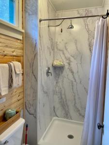 Whitetail Creek Resort في Lead: حمام مع دش وحوض استحمام أبيض +59 صورة