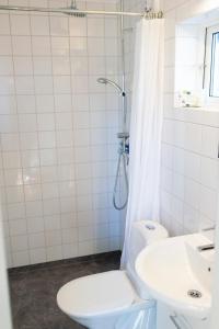 y baño con aseo, lavabo y ducha. en Prästgårdens Pensionat, en Mollösund
