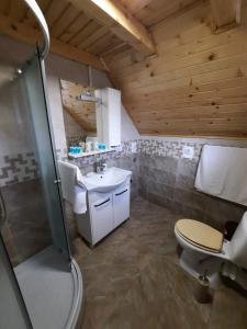 a bathroom with a shower and a sink and a toilet at Villa M in Vinci