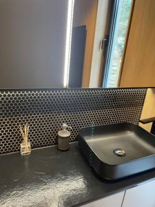 a bathroom with a black sink and a mirror at Vila M15 in Topliţa
