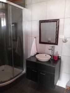 a bathroom with a sink and a shower and a mirror at FAKALI Homestay in Quito