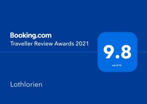 Certifikát, hodnocení, plakát nebo jiný dokument vystavený v ubytování Lothlorien