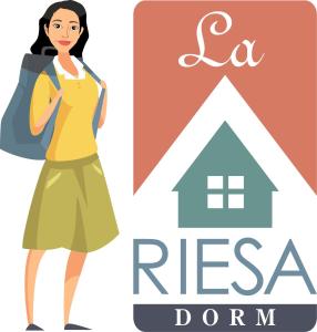 a young woman with a backpack standing next to a raisa sign at La Riesa Dorm in Tarlac