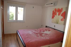 een slaapkamer met een bed in een kamer met een raam bij Apartment in Privlaka with Terrace, Air conditioning, Wi-Fi, Washing machine (4839-1) in Privlaka