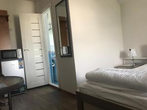 a room with a bed and a mirror and a refrigerator at Akbulak in Almaty