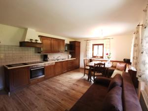 cocina y sala de estar con sofá y mesa en Vorderhof en Sankt Martin am Tennengebirge