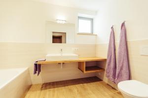 a bathroom with a sink and a toilet and a mirror at Ferienwohnung Pension Stern in Aldino