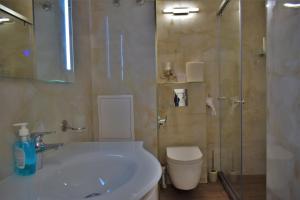 a bathroom with a sink and a shower and a toilet at Top center apartment Gramophone with private parking in Burgas City