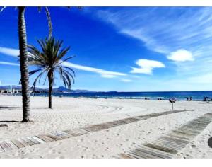 einen Sandstrand mit zwei Palmen und dem Meer in der Unterkunft Sunny Duplex in front of Campello beach in El Campello