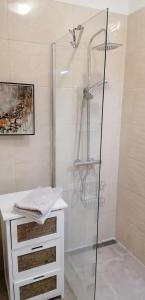 a shower with a glass door next to a white counter at Apartment 4988-1 in Pula