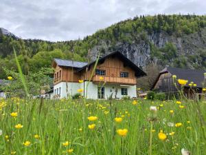 dom w środku pola kwiatów w obiekcie Egglmeier's Ferienwohnung w mieście Grundlsee