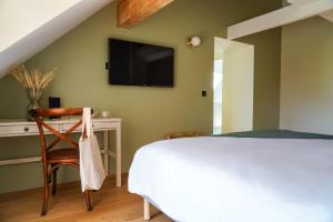 um quarto com uma cama e uma cadeira e uma televisão em Hôtel Le Mouton Bleu em Talloires