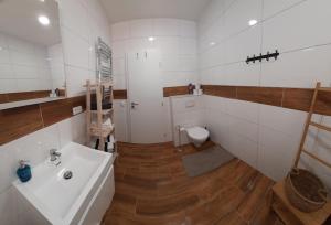 Koupelna v ubytování Líšný 105 celý nový dům se zahradou u Jizery a cyklo-stezky New house by Jizera river and bicycle path