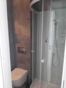 a bathroom with a toilet and a glass shower at Apartament ul Okopowa - Parking płatny in Kołobrzeg