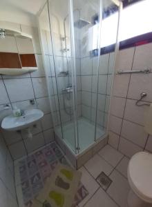 La salle de bains est pourvue d'une douche, de toilettes et d'un lavabo. dans l'établissement Apartmani Svitlana, à Sukošan