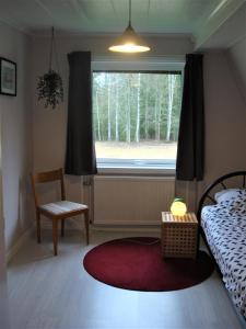 1 dormitorio con cama, ventana y alfombra roja en Härlig Heden Vakantiehuis, en Råda