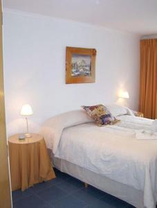 a bedroom with a bed and a table with a lamp at Hosteria Tres Picos in Lago Puelo