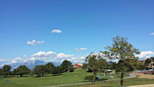 een groen veld met bomen en bergen op de achtergrond bij Villaverde Hotel Spa&Golf Udine in Fagagna