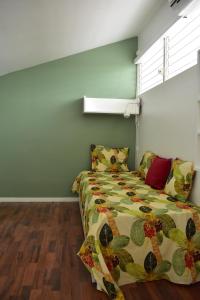 1 dormitorio con 1 cama con pared verde en LA COLLINE DU LAGON en Le François