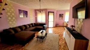 a living room with a brown couch and pink walls at Veronika Guesthouse in Drávatamási +16 photos