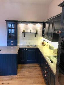 una cocina con armarios azules y fregadero en Castle Nook, en Kelso