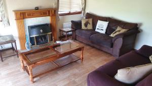 a living room with two couches and a fireplace at Huntersfield Chalet in Faringdon