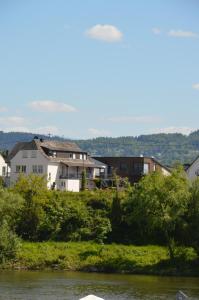 ein Haus auf einem Hügel neben einem Fluss in der Unterkunft Wein & Gästehaus Porten-Becker in Köwerich