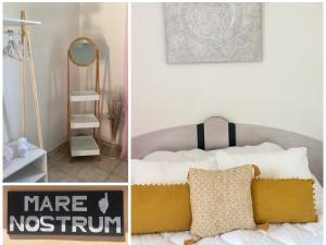 two pictures of a bedroom with a bed and a mirror at Mare Nostrum in Porto Ota