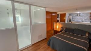- une chambre avec un lit et une grande porte coulissante en verre dans l'établissement Condesa loft by Mexico Wanderlust, à Mexico