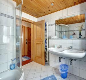 uma casa de banho com um lavatório, uma banheira e um espelho. em Ferienwohnungen Fendt em Bischofswiesen