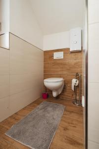 a bathroom with a toilet and a rug at Rhönpanorama in Hilders