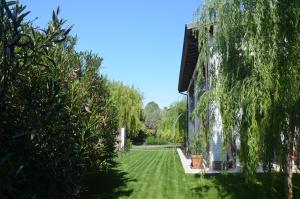 マネルバ・デル・ガルダにあるAsso Bed & Breakfastの緑の芝生と木々が並ぶ庭園