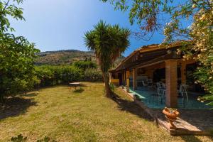 a house with a palm tree next to a yard at Villa Fratantoni Piana - Villa privata con accesso diretto alla spiaggia in Caronia Marina