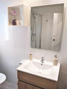 apartament dúplex "Alsina" في تريمب: حمام مع حوض ومرآة