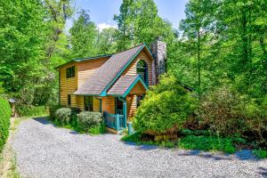 eine Hütte im Wald mit Kieseinfahrt in der Unterkunft Lucilles Creekside Hideaway in Blue Ridge