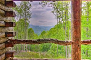 a window view of a forest from a log cabin at Secluded Cabin with Porch on 39 Acres Ski and Hike in Swiss