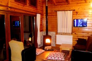 a living room with a fireplace in a log cabin at Ayder Cise Dag Evleri in Ayder Yaylasi