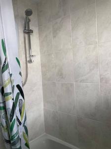 Glenarm的住宿－Channel Vista，浴室内配有淋浴帘。