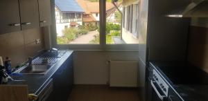a kitchen with a sink and a large window at Schnelle Vermietungen in Achern