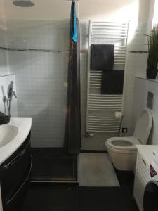 a bathroom with a shower and a toilet and a sink at Petra Apartman in Tapolca