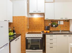kuchnia z białymi szafkami i piekarnikiem w obiekcie Apartamenty Starówka w Olsztynie
