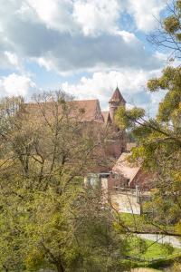 a building in the distance with trees in the foreground at Apartamenty Starówka in Olsztyn