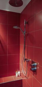 La salle de bains rouge est pourvue d'une douche avec un mur rouge. dans l'établissement Le Colombe, à Malè
