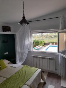 1 dormitorio con cama y ventana con piscina en Casa rural La Quinta De Lara, en Valdepeñas